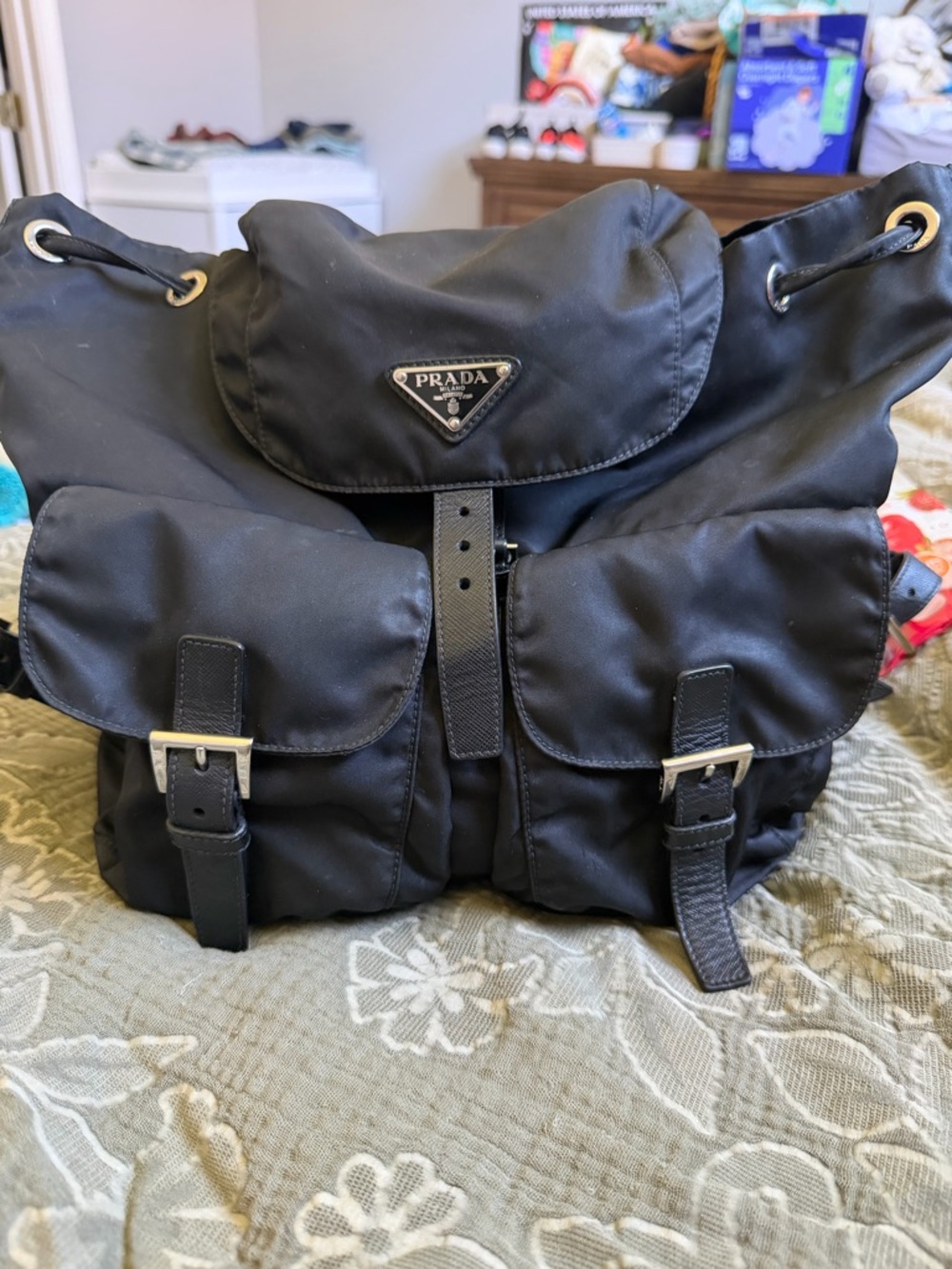 Prada Black Nylon Drawstring Backpack with Leather Trim